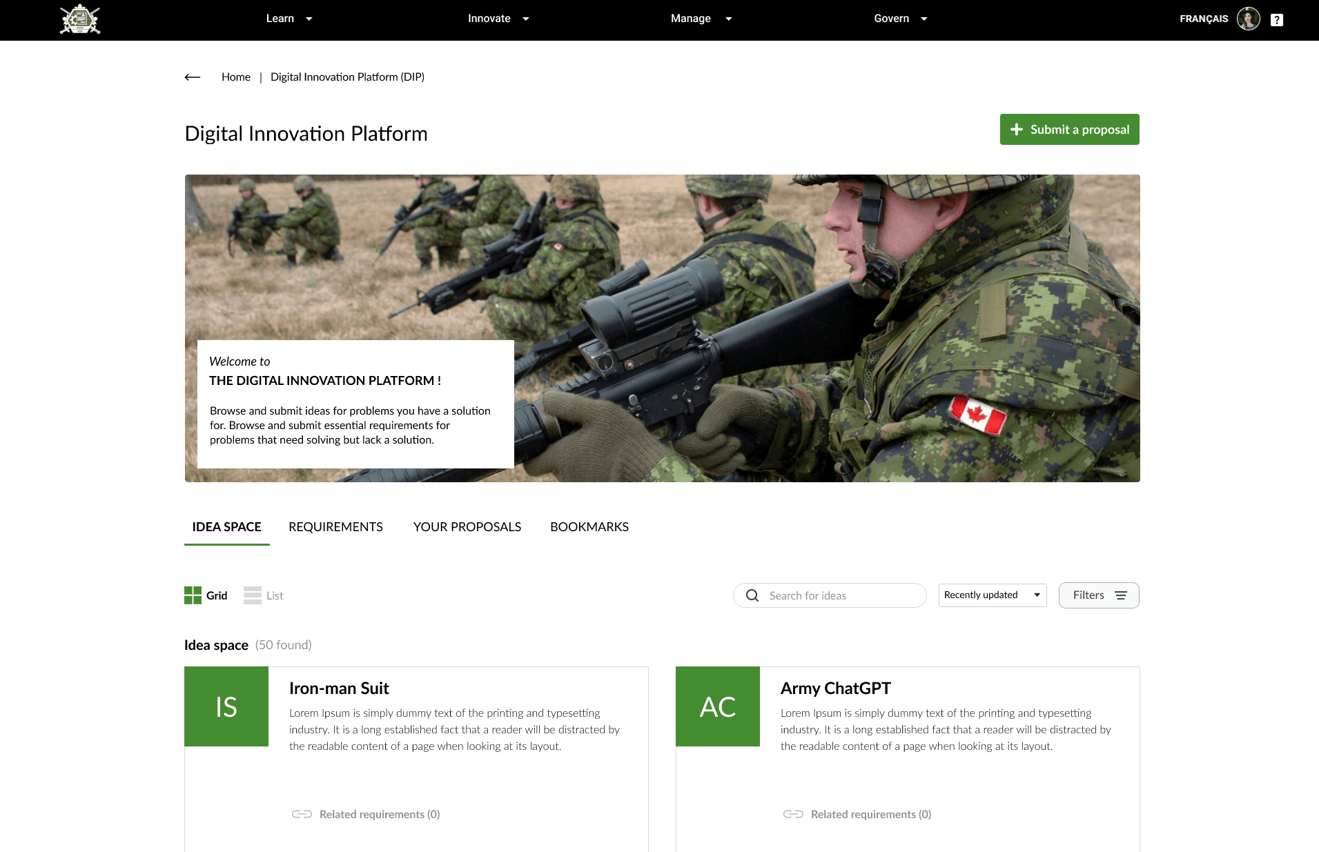 High-fidelity DIP landing page bringing the platform entry points, Idea Space navigation, and shared work into one launch surface.