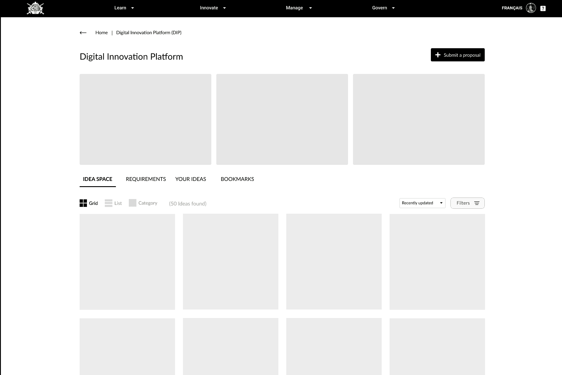 Low-fidelity landing-page exploration mapping the product entry point, navigation, Idea Space, and the first grid of work.