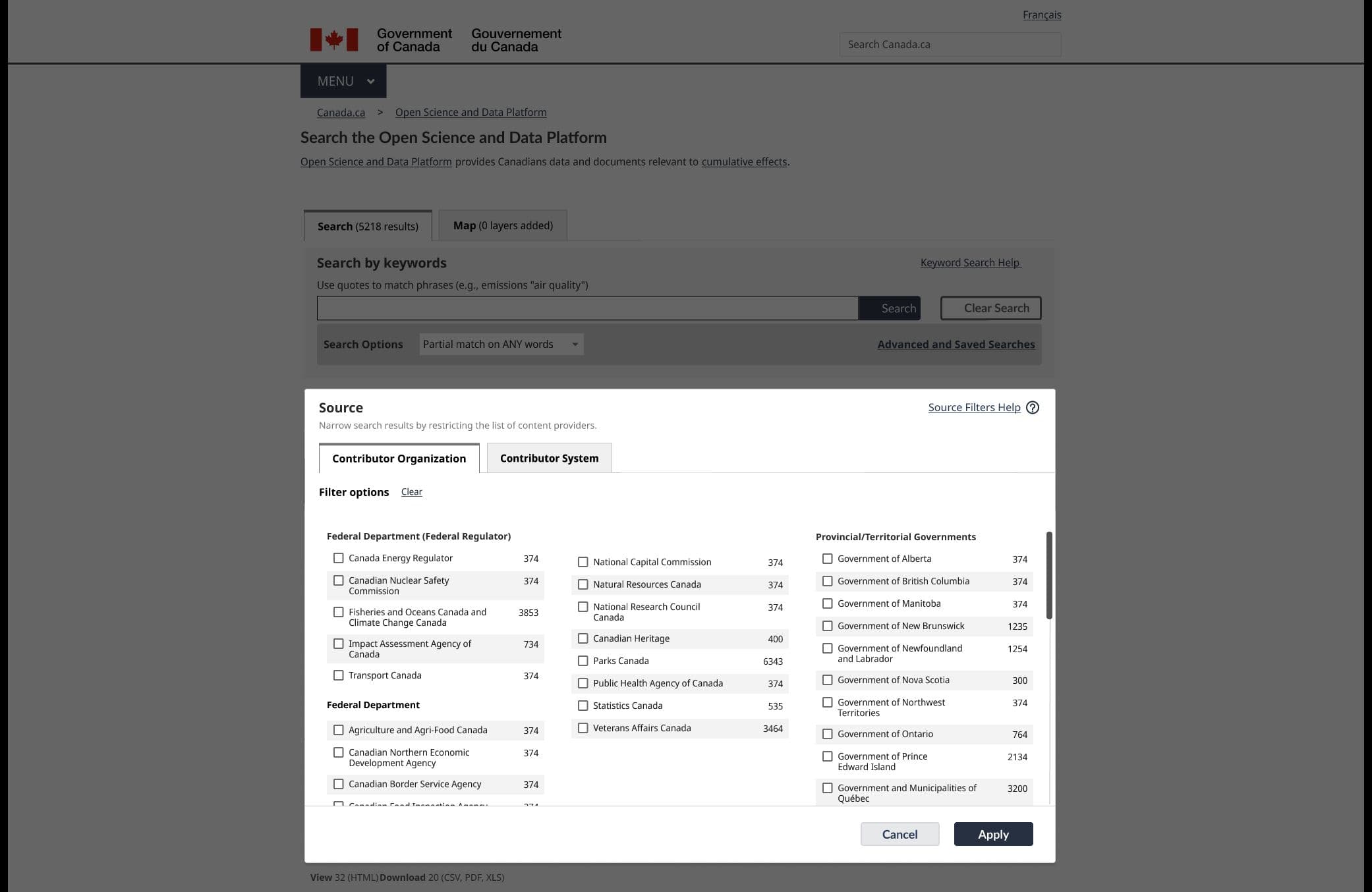 Source filter reorganizing contributor organizations and systems into grouped, scannable choices.