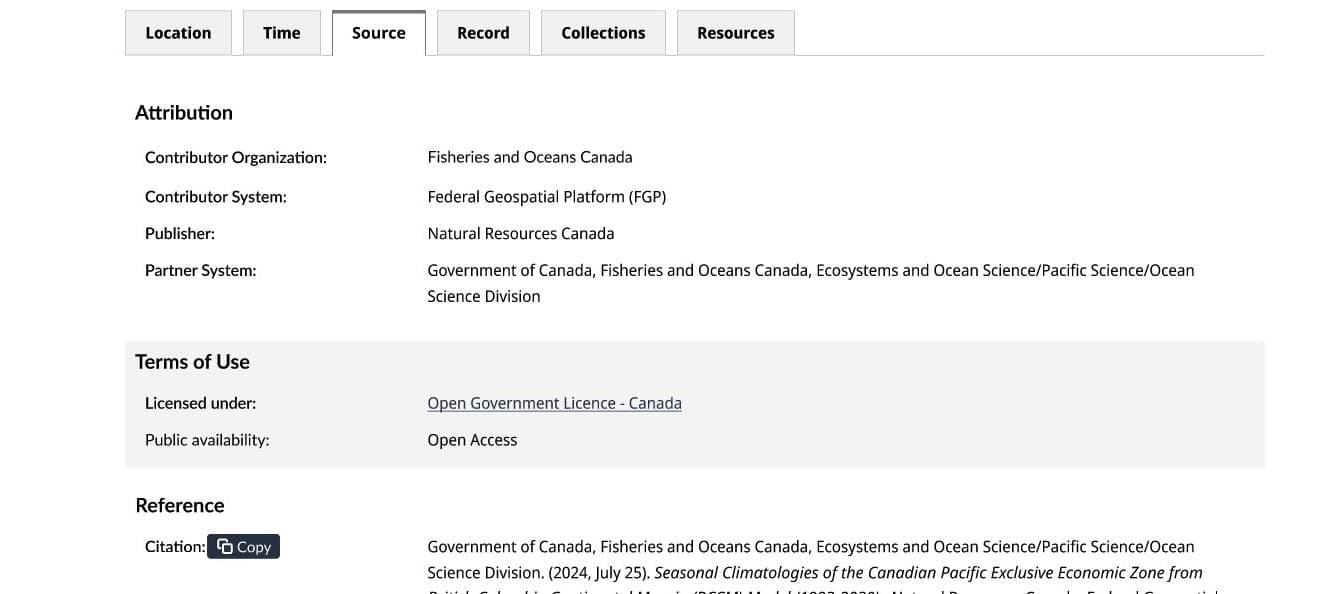 Record tabs separating location, time, source, record, collections, and resources without hiding the overall context.
