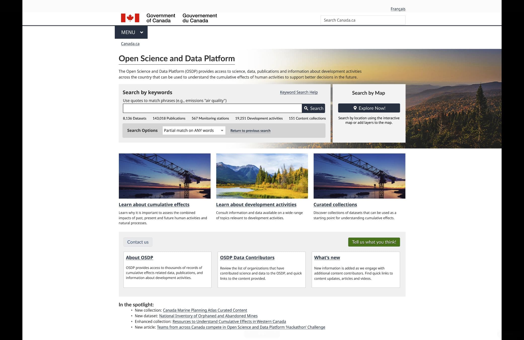 OSDP homepage combining public education, keyword search, map discovery, and collection entry points.