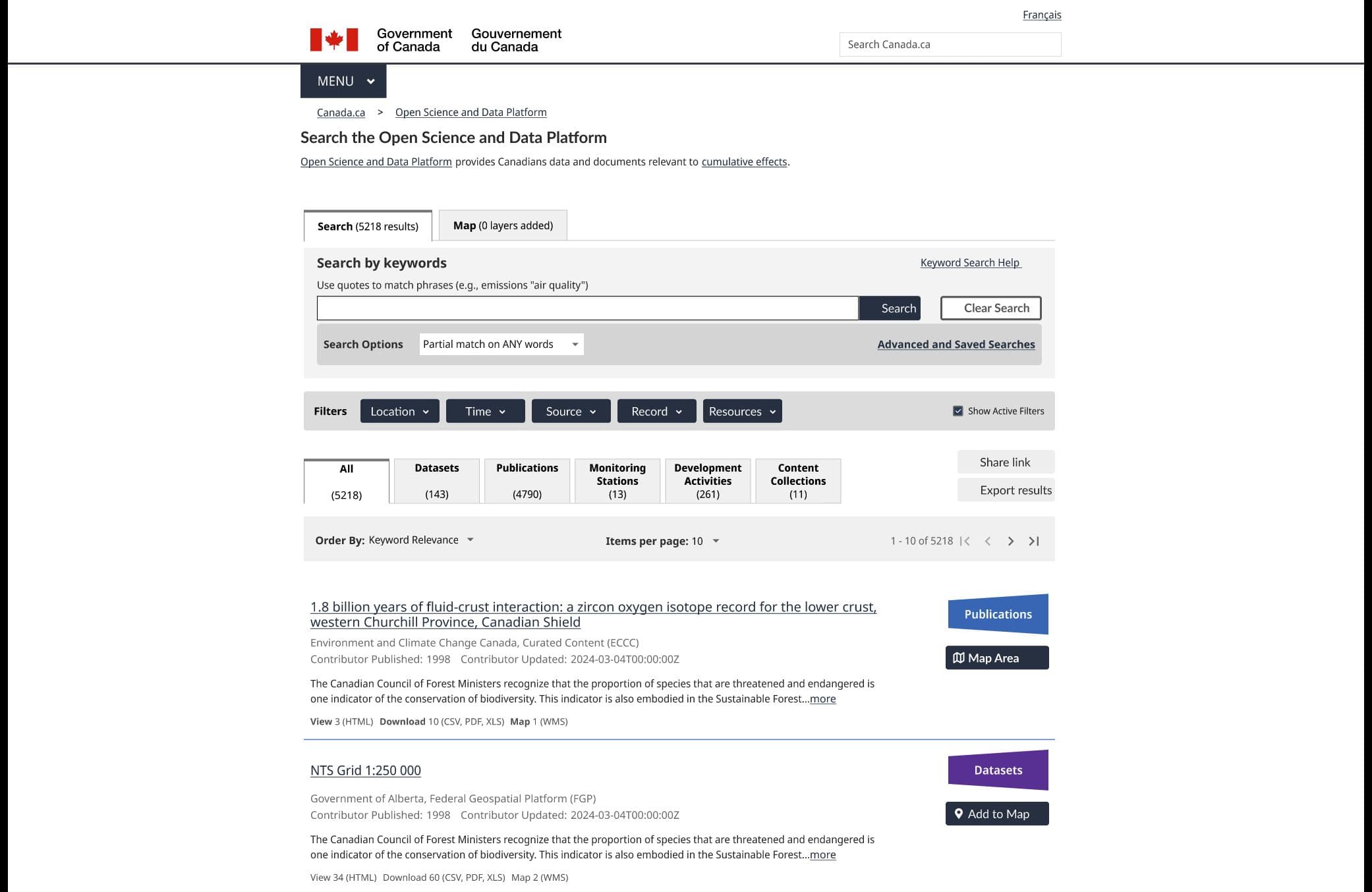 Search workspace exposing result types, compact filter controls, and active-filter visibility.