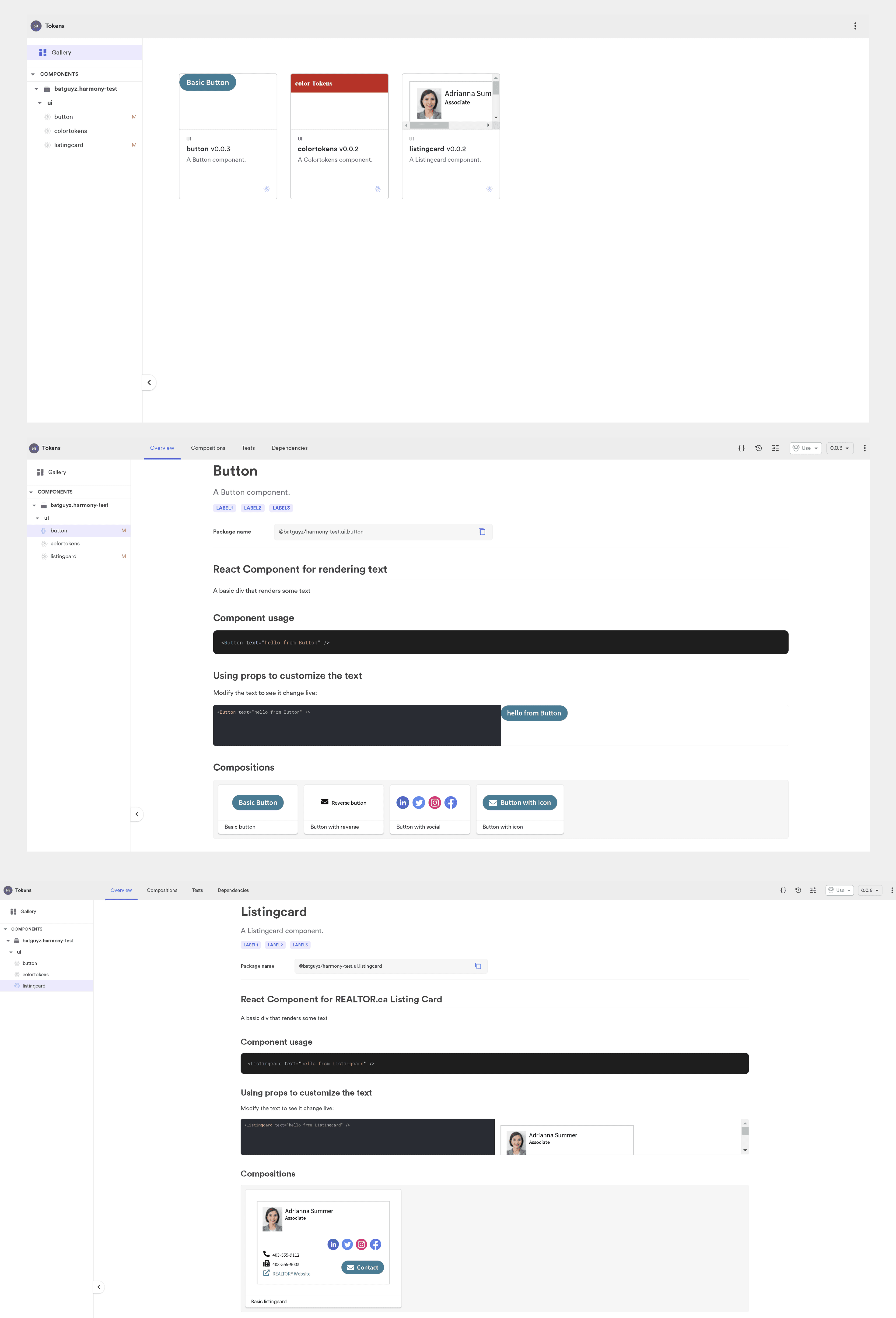 Bit component workspace showing the Listing Card alongside reusable buttons and tokens, with documentation, compositions, history, and dependencies.