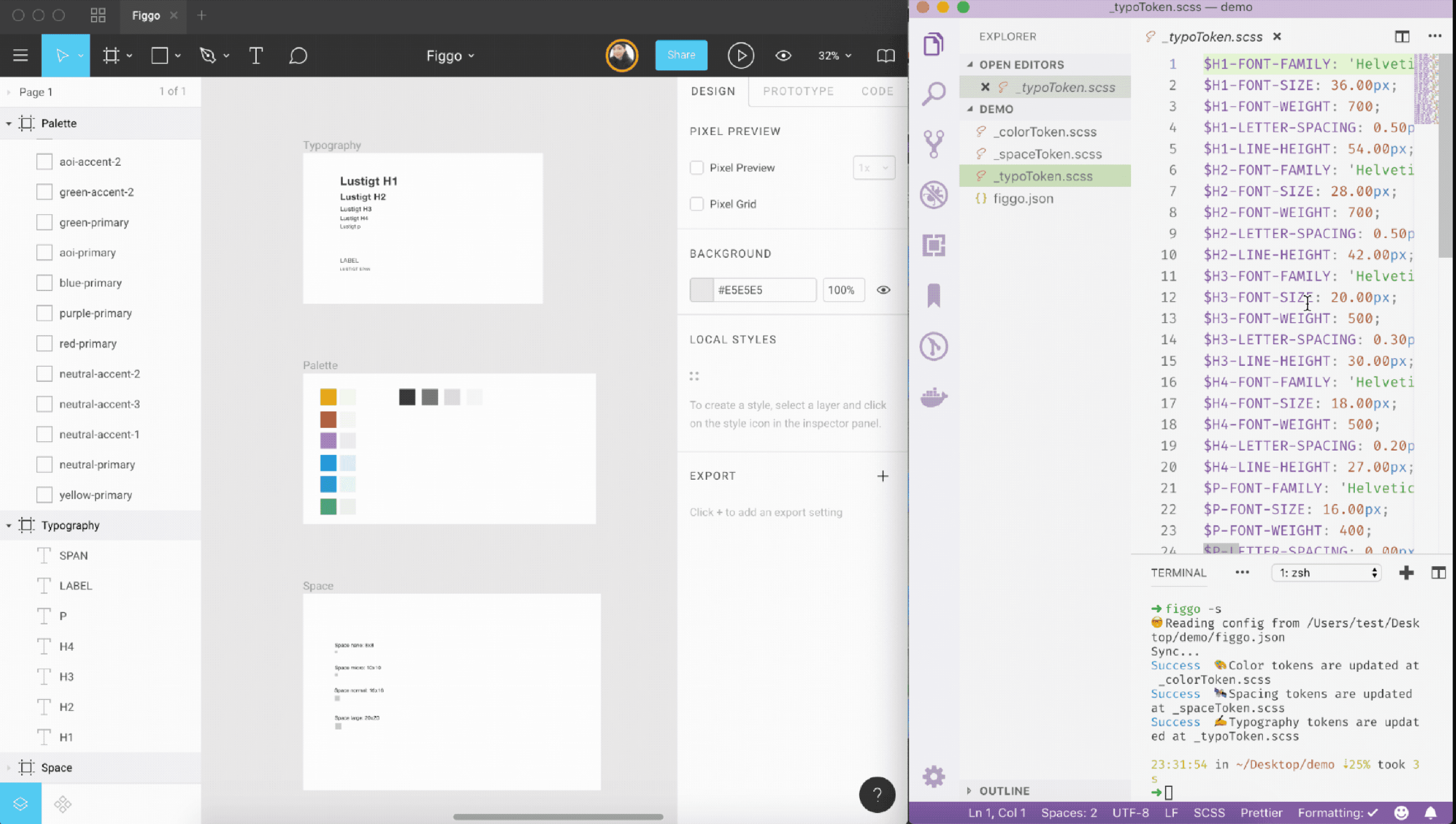 Figma and Figgo working side by side: authored design tokens were synced into reusable SCSS values for implementation.