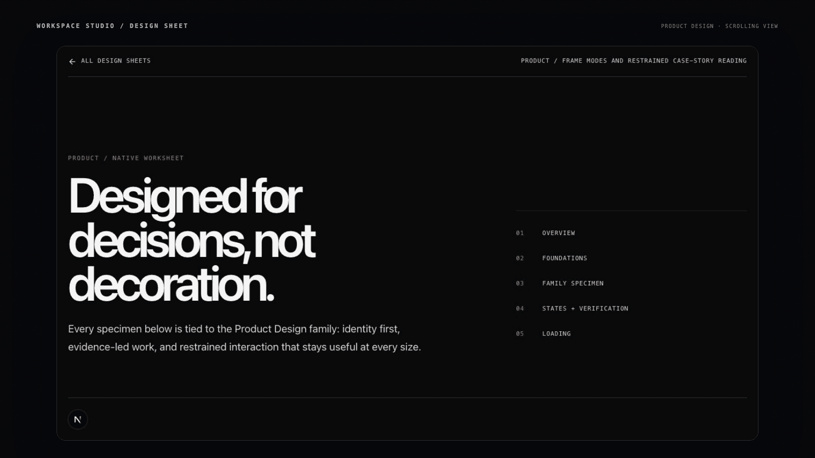 Product Design design sheet scrolling through the overview, foundations, production specimens, states, and loading geometry