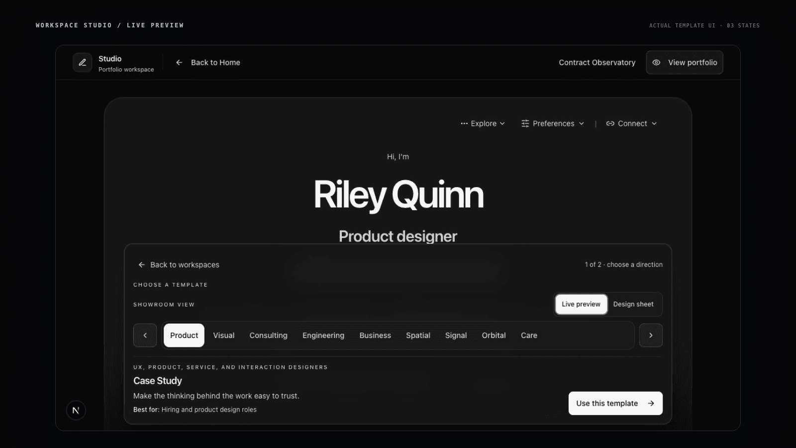 Live Studio template chooser moving through the real Product, Visual, and Orbital previews